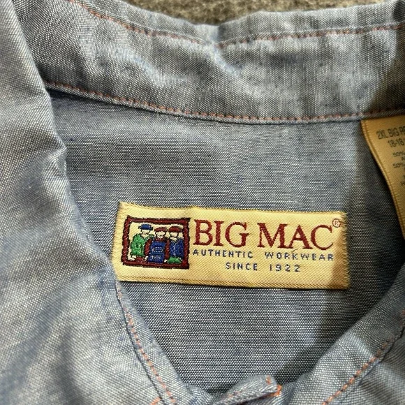 Vintage 90's Big Mac Blue Shirt Chambray Work Wear Pearl Snap Size 2XL Big USA - Picture 7 of 15